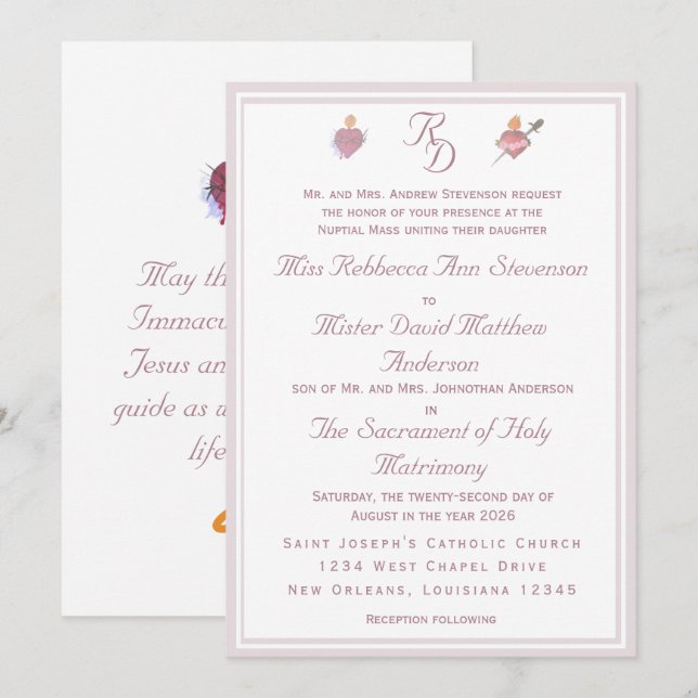 Elegante Invitación de Boda Católica de Dos Corazo (Anverso / Reverso)