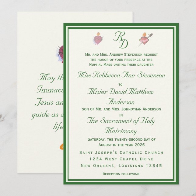 Elegante Invitación de Boda Católica de Dos Corazo (Anverso / Reverso)