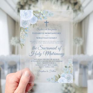 Elegante Invitación de Boda Católica Floral Azul P