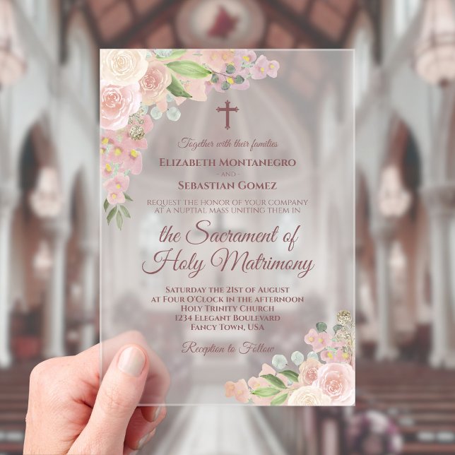 Elegante Invitación de Boda Católica Moderna con F (Frosted Acrylic with Rectangle Cut)