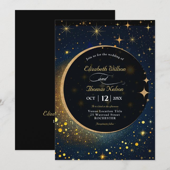 Elegante invitación de boda celestial de luna míst (Anverso / Reverso)