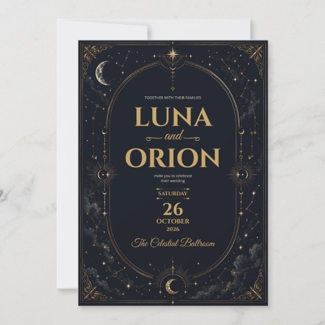 Elegante Invitación de Boda Celestial Oscura (Anverso)