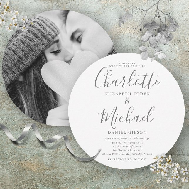 Elegante Invitación de Boda Circular con Foto de F (Elegant Signature Circular Photo Wedding Invitation)