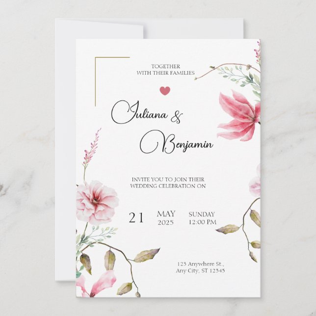 Elegante Invitación de Boda con Ac Floral Romántic (Anverso)