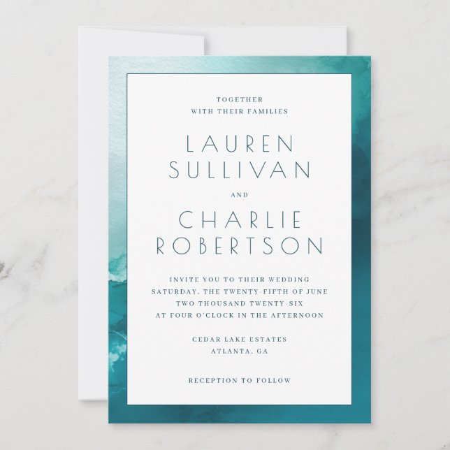Elegante Invitación de Boda con Acuarela Azul (Anverso)