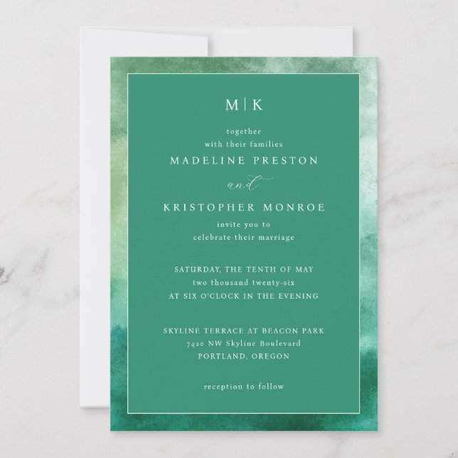 Elegante Invitación de Boda con Acuarela Verde (Anverso)