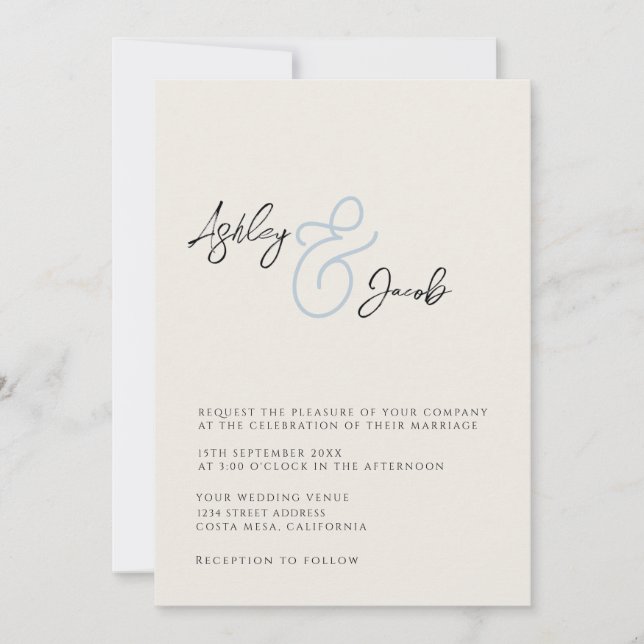 Elegante Invitación de Boda con Ampersand Azul (Anverso)