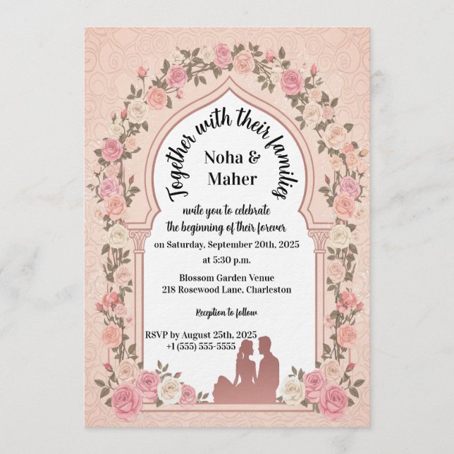 Elegante Invitación de Boda con Arco de Rosas Rosa (Anverso)