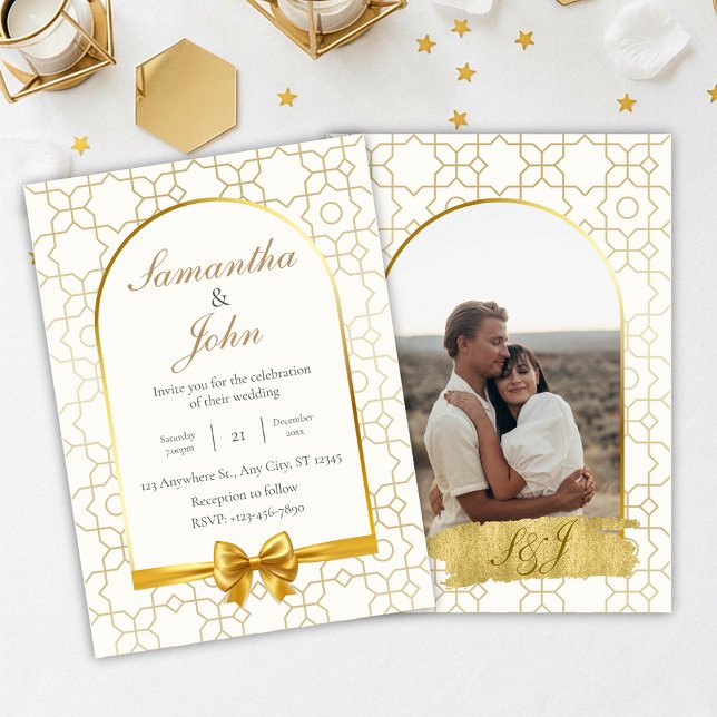 Elegante Invitación de Boda con Arco Geométrico de (Gold & Ivory Geometric Art Deco Wedding Invitation)
