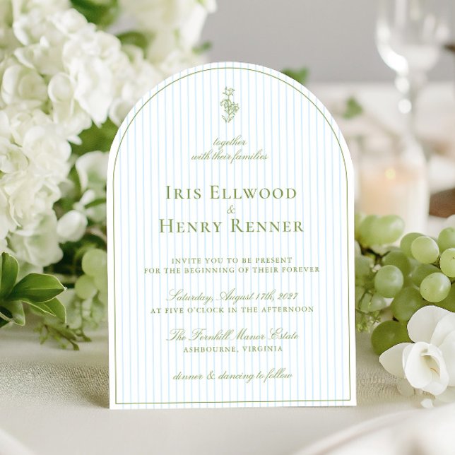 Elegante Invitación de Boda con Arco Verde y Raya  (Elegant Arch Sage Green & Blue Stripe Wedding Invitation)
