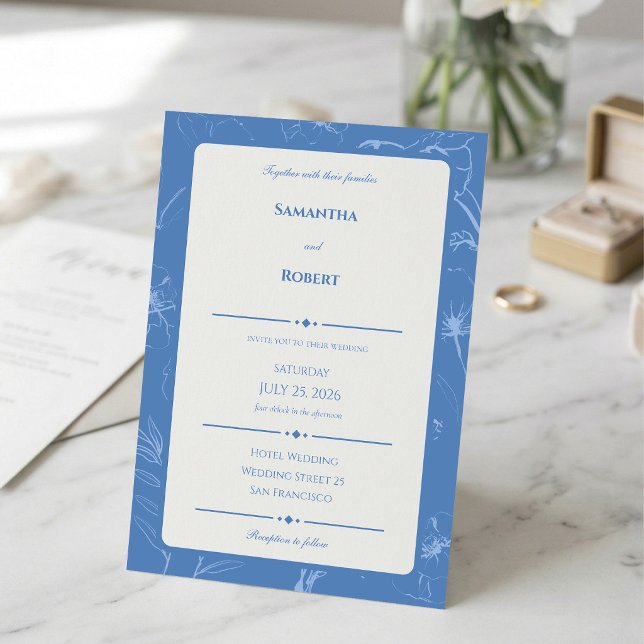 Elegante Invitación de Boda con Arte de Línea Flor (Classic elegance in blue. Counting down to July 25, 2026! ✨)