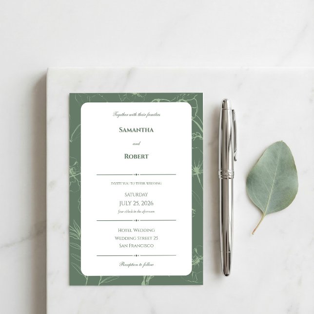 Elegante Invitación de Boda con Arte de Línea Flor (Elegant sage green botanical wedding invite on white marble with fresh greenery.)