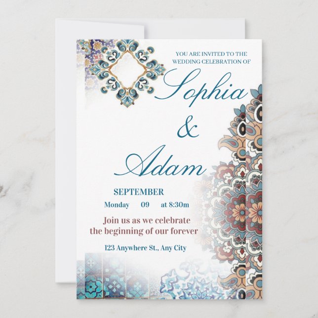Elegante Invitación de Boda con Azulejos Marroquíe (Anverso)
