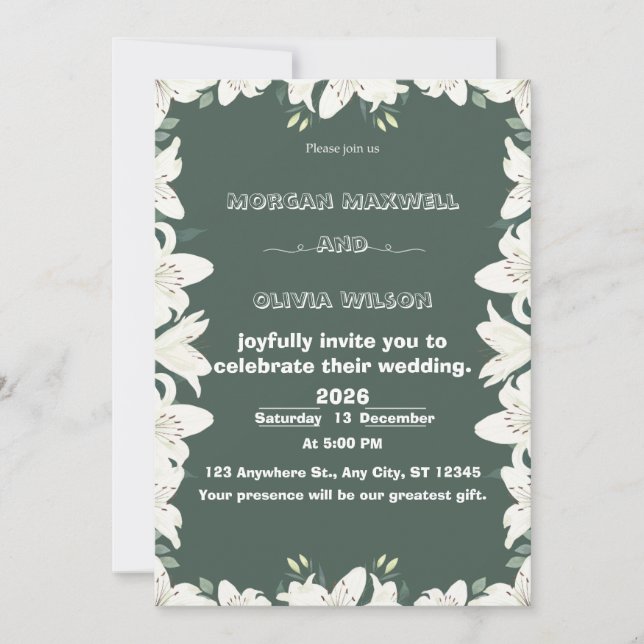 Elegante Invitación de Boda con Borde de Lirios (Anverso)