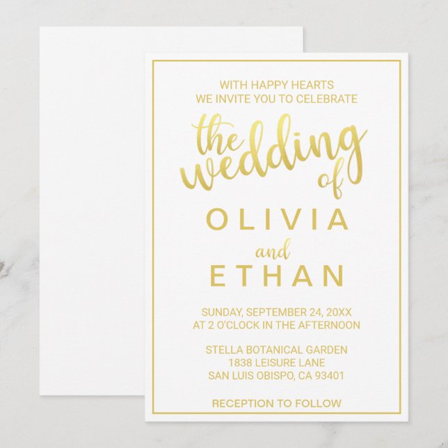 Elegante Invitación de Boda con clase blanca y oro (Anverso / Reverso)