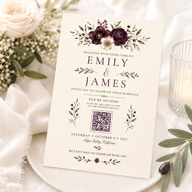Elegante Invitación de Boda con Código QR Botánico (Subido por el creador)