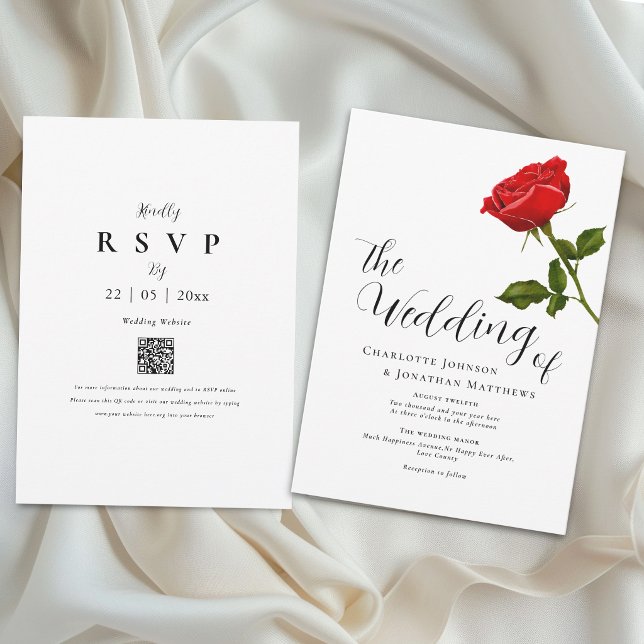 Elegante Invitación de Boda con Código QR de Rosa  (Elegant simple watercolor single red rose wedding qr code invitation romantic script watercolor )