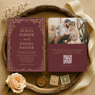 Elegante Invitación de Boda con Código QR en Burgu