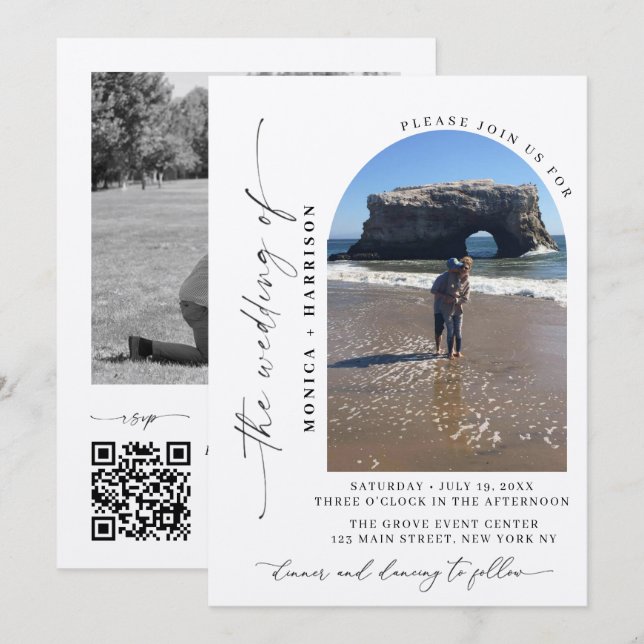 Elegante Invitación de Boda con Código QR en Letra (Anverso / Reverso)
