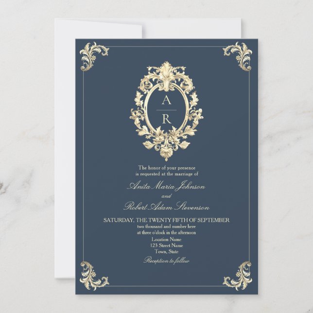 Elegante invitación de boda con código QR Navy (Anverso)