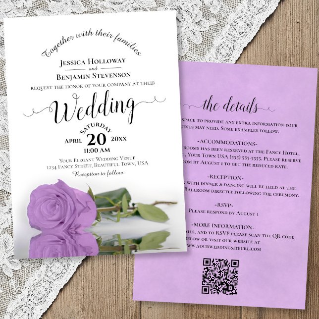 Elegante Invitación de Boda con Código QR Rosa Lil (Front/Back)