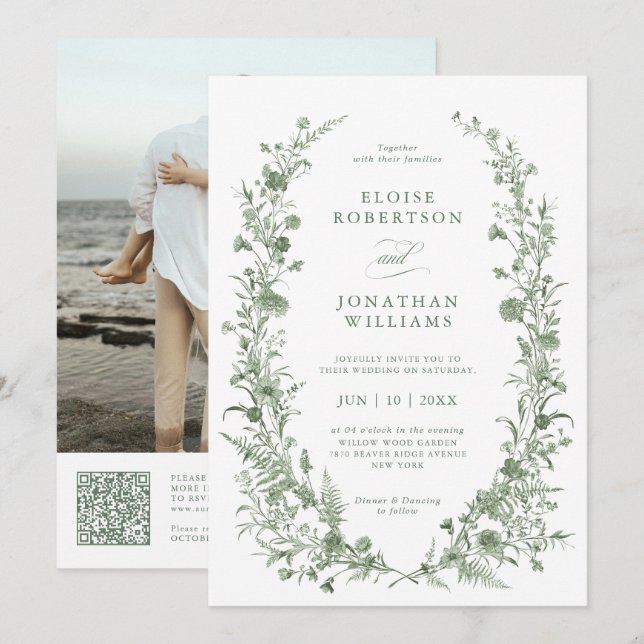 Elegante Invitación de Boda con Código QR y Foto V (Anverso / Reverso)