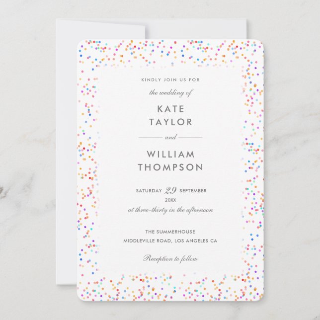 Elegante Invitación de Boda con Confeti de Arcoíri (Anverso)