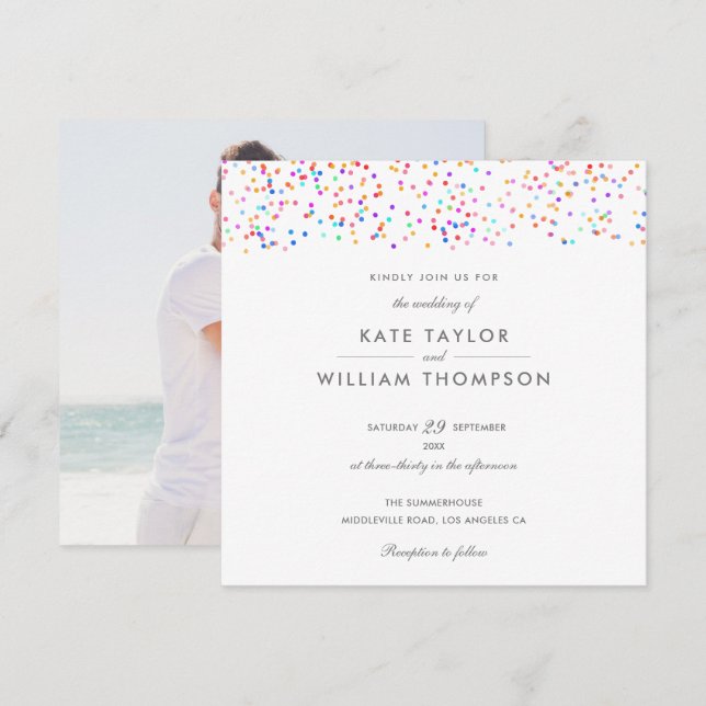 Elegante Invitación de Boda con Confeti de Arcoíri (Anverso / Reverso)