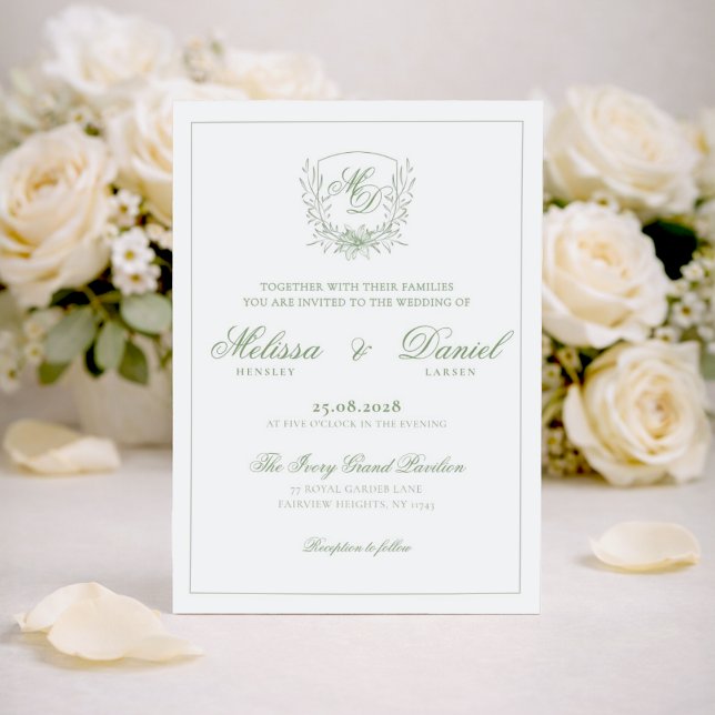 Elegante Invitación de Boda con Cresta Botánica Ve (Subido por el creador)