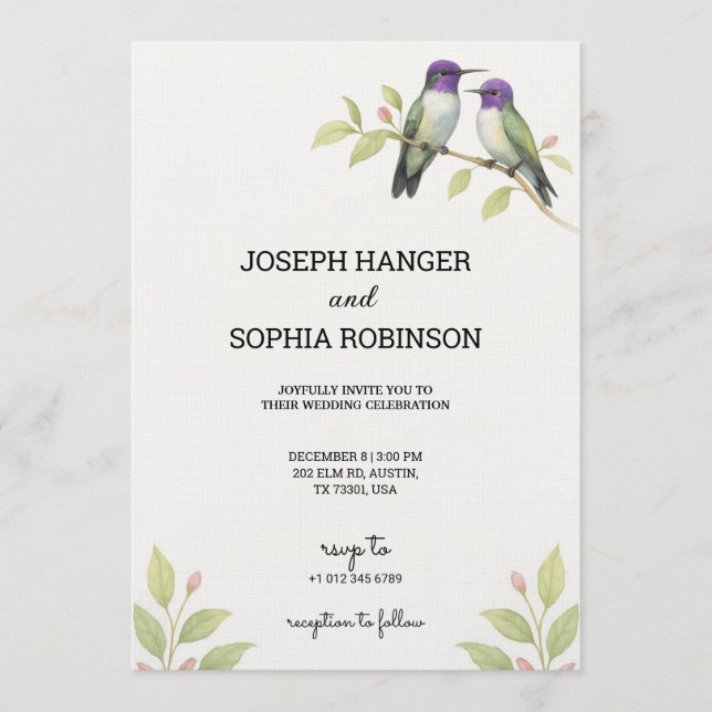 Elegante invitación de boda con dos pájaros  (Anverso)