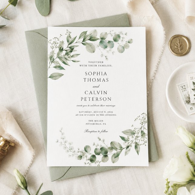 Elegante Invitación de Boda con Eucalipto en Acuar (Subido por el creador)