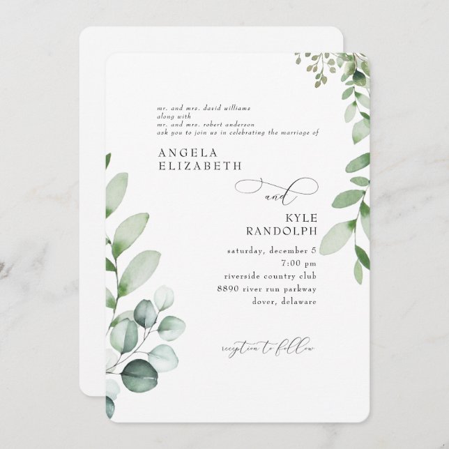 Elegante invitación de boda con eucalipto en casca (Anverso / Reverso)