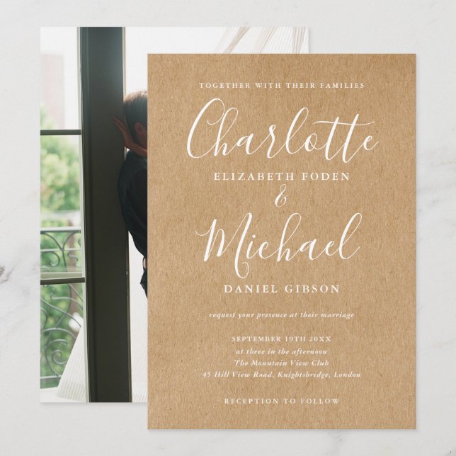 Elegante Invitación de Boda con Firma Rústica Kraf (Anverso / Reverso)