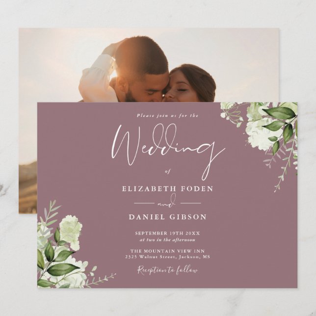 Elegante Invitación de Boda con Floral de Verde y  (Anverso / Reverso)