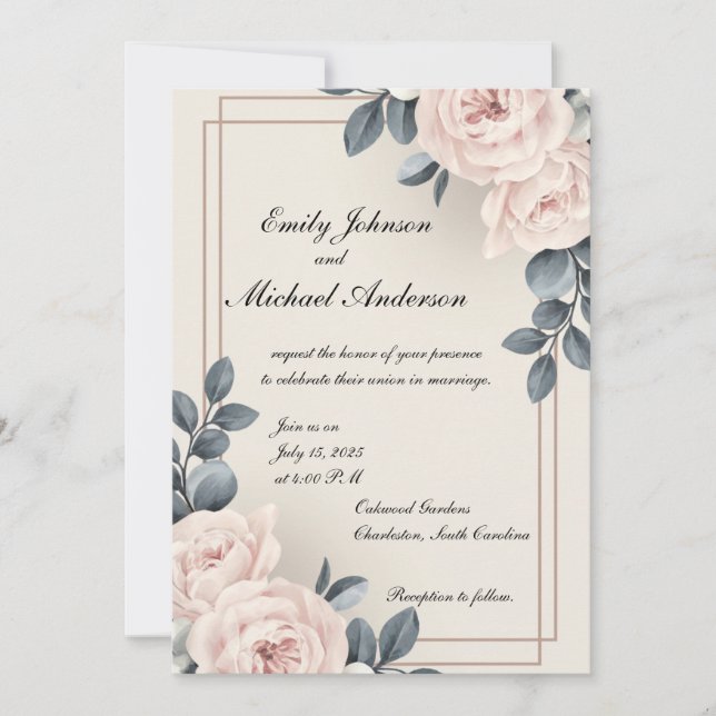 Elegante Invitación De Boda Con Flores (Anverso)