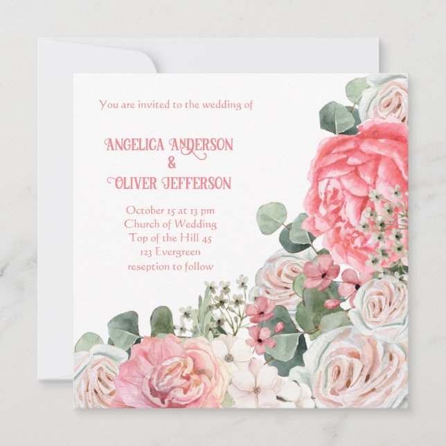 Elegante invitación de boda con flores acuarela (Anverso)