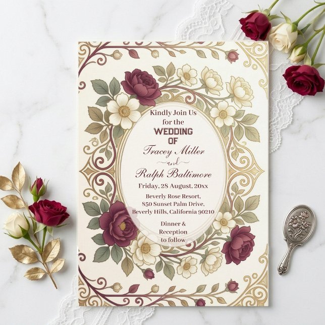 Elegante Invitación de Boda con Flores de Burgundy (Elegant Art Nouveau Gold Burgundy Florals Wedding Invitation)
