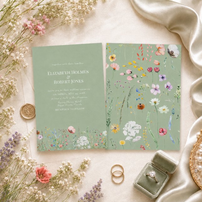 Elegante Invitación de Boda con Flores Silvestres  (Elegant Sage Green Wildflower Wedding Invitation)