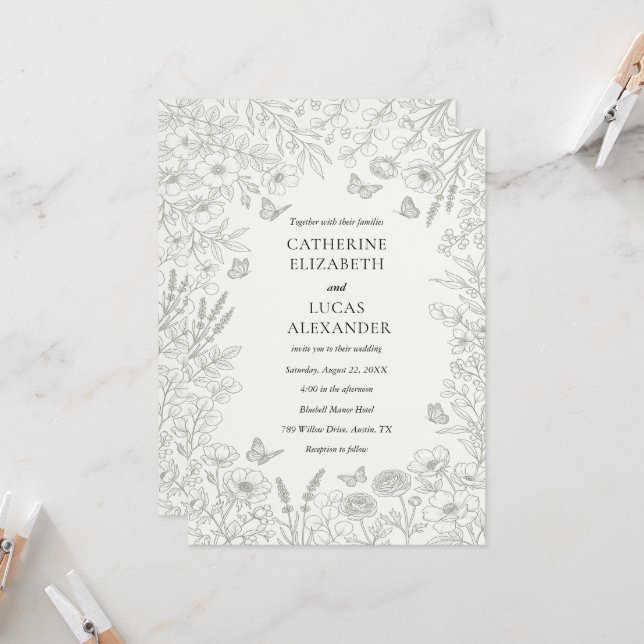 Elegante Invitación de Boda con Flores Silvestres  (Anverso/Reverso In Situ)