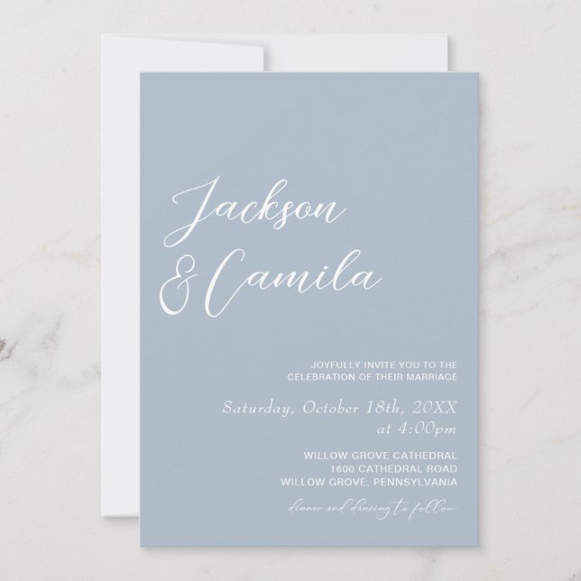 Elegante Invitación de Boda con Foto Azul Polvorie (Anverso)