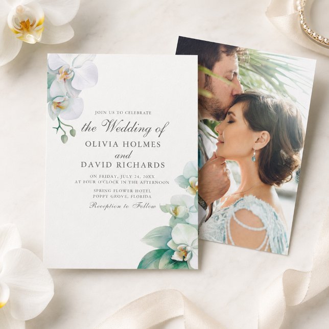 Elegante Invitación de Boda con Foto de Orquídea B (Elegant Minimalist White Orchid Photo Wedding Invitation)