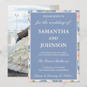 Elegante Invitación de Boda con Foto Floral Azul P