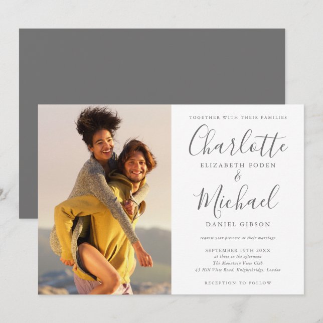 Elegante Invitación de Boda con Foto y Firma en Gr (Anverso / Reverso)