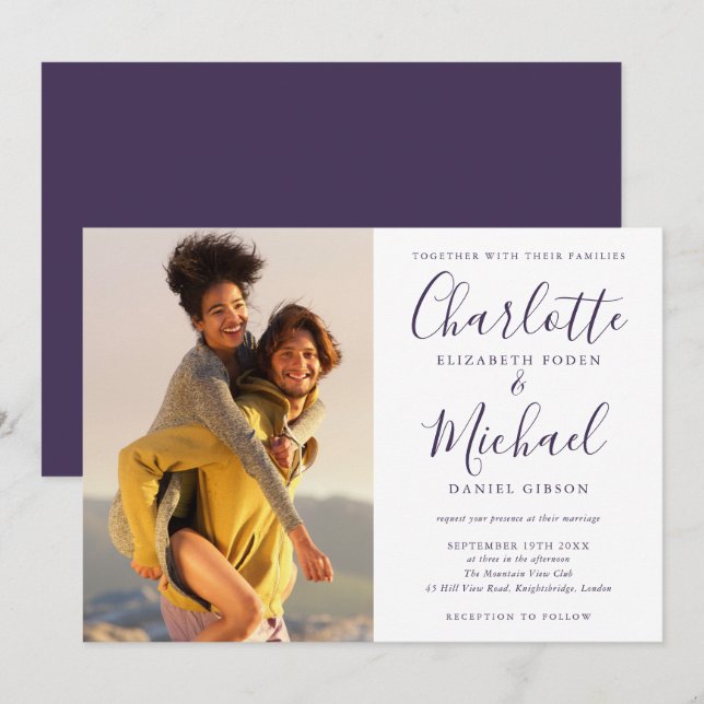 Elegante Invitación de Boda con Foto y Firma en Mo (Anverso / Reverso)