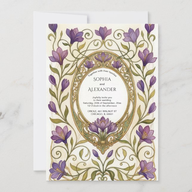 Elegante Invitación de Boda con Freesias Moradas e (Anverso)