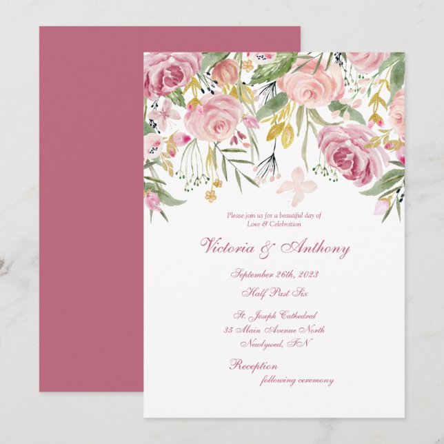 Elegante Invitación de Boda con Guión Floral Rosa (Anverso / Reverso)