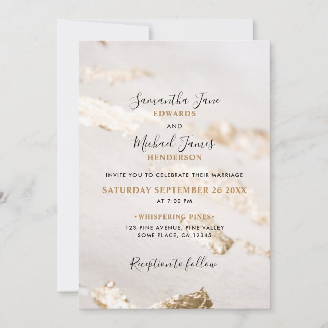 Elegante Invitación de Boda con Hoja de Oro Falso (Anverso)