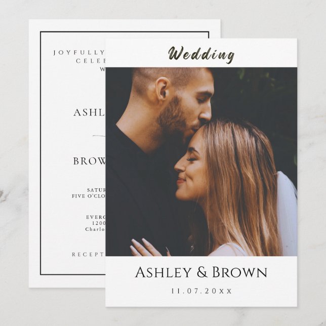 Elegante Invitación de Boda con Letra Moderna y Fo (Anverso / Reverso)