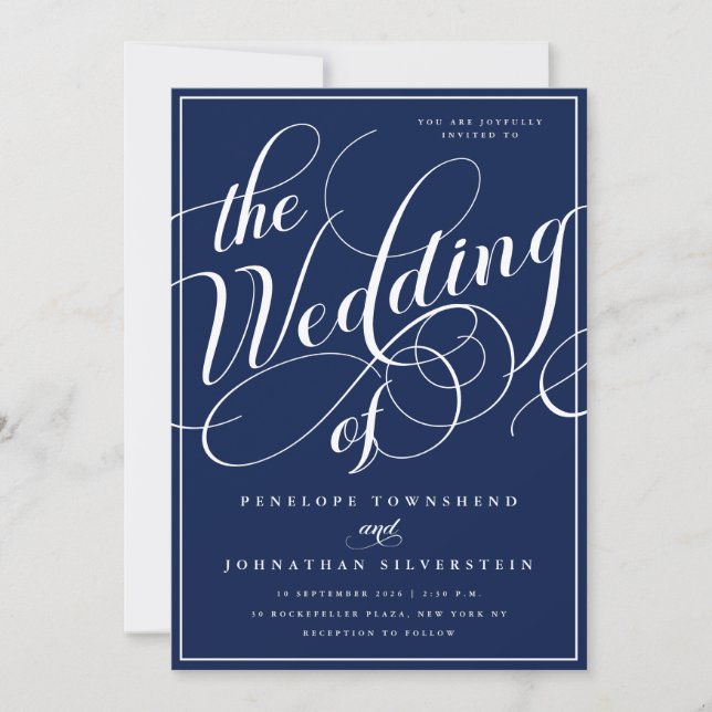 Elegante Invitación de Boda con Letra Script Navy  (Anverso)