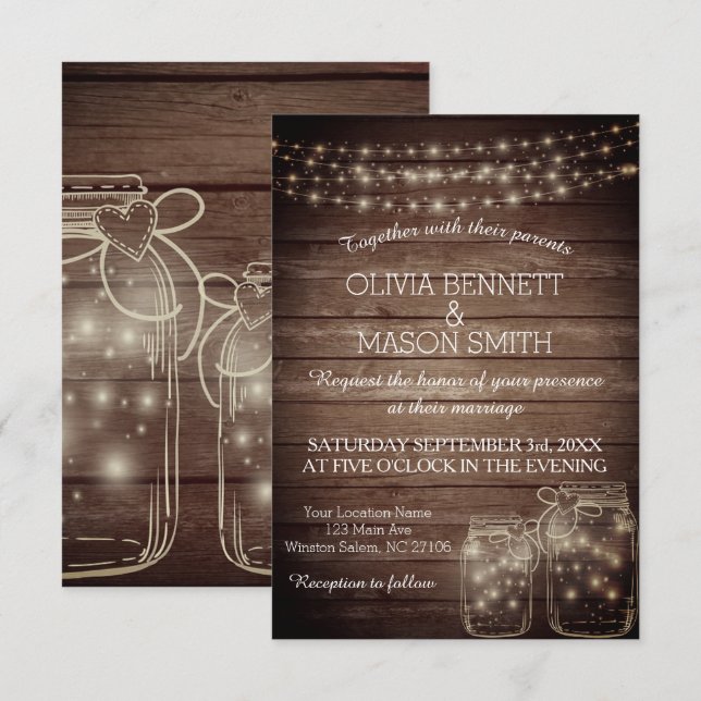 Elegante Invitación de Boda con Luces Rústicas de  (Anverso / Reverso)